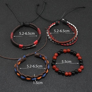 Detail view of multi-layer leather punk bracelets with specific size measurements and beads