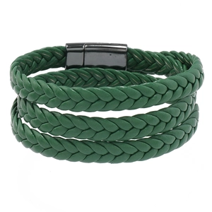 Close-up of green multi-layer braided leather bracelet with black magnetic clasp