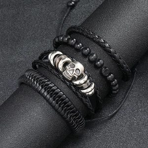 Men's vintage multi-layer braided leather bracelet set with skull charms and beads