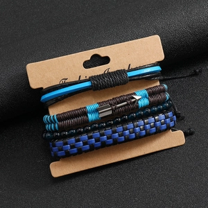 Men's multi-layer leather bracelet set with blue beads and metal arrow charm