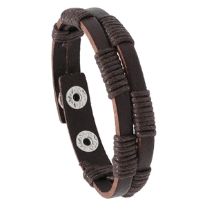 Mens vintage woven dark brown leather bracelet with double metal snap buttons closure