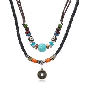 Vintage Multi-layer Turquoise Beaded Woven Leather Necklace For Men Women Antique Bronze Coin Pendant Ethnic Bohemian Jewelry