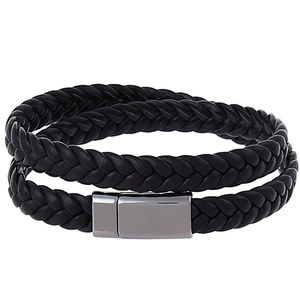 Men's double-wrap braided black leather bracelet with a polished silver magnetic clasp