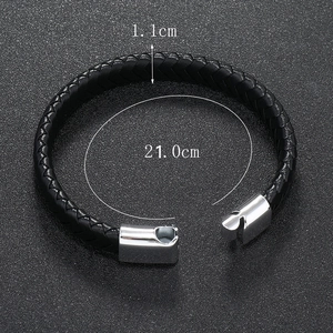 Detail shot showing 1.1cm width and 21.0cm length of the black braided leather bracelet