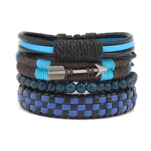 Vintage Men Multilayer Leather Bracelet Handmade Woven Arrow Charm Glass Beaded Adjustable Ethnic Wristband Jewelry