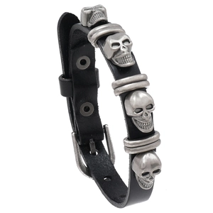 Punk Men's Cowhide Leather Skull Bracelet Vintage Silver Alloy Rivet Wrap Bangle Skeleton Halloween Jewelry Gift Adjustable
