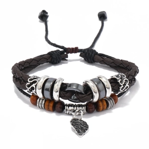 Retro Men Leather Braided Bracelet Multi-Layer Wood Beads Leaf Pendant Handmade Adjustable Punk Bohemian Jewelry Gift