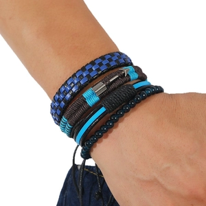 Men's multi-layer woven leather bracelet set with blue beads and silver arrow charm