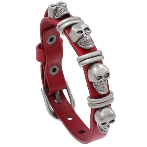 Punk red leather bracelet with silver metal skull studs and gothic rivet details
