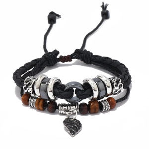 Men's multilayer leather bracelet with wooden beads and vintage leaf metal pendant