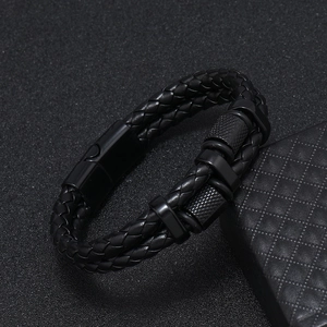 Men's double-layered braided black leather bracelet with magnetic metal clasp and textured rings