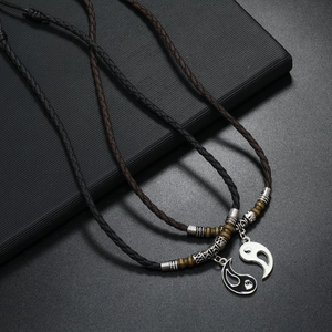 Retro woven leather cord necklaces with Tai Chi Yin Yang pendants for couples, set of two