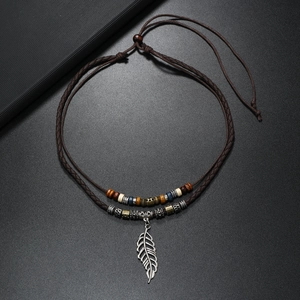 Retro multi-layer beaded necklace with feather pendant and colorful wooden beads