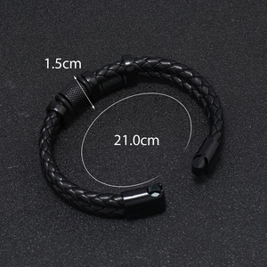 Macro detail of men's braided leather bracelet with magnetic clasp and dimensions shown