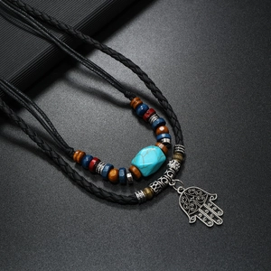 Retro multi-layer woven necklace with Hamsa hand pendant and turquoise wooden beads