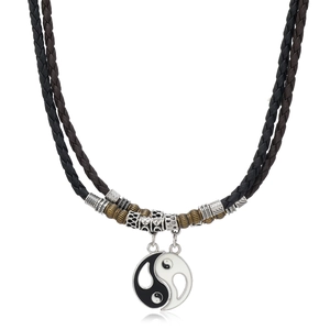 Retro Handmade Woven Leather Rope Necklace For Men Women Tai Chi Yin Yang Pendant Alloy Wood Bead Adjustable Ethnic Jewelry