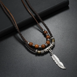 Retro multi-layer beaded necklace with silver feather pendant and wooden beads for men
