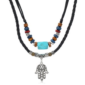 Handmade Bohemian Retro Hamsa Hand Pendant Necklace Multilayer Artificial Turquoise Wood Beaded Braided PU Leather Cord Necklace