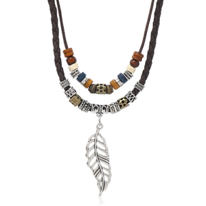 Retro Alloy Wax Rope Necklace Featuring Hollow Leaf Heart Butterfly Cross Pendants With Wood Beads Adjustable Long Sweater Chain For Unisex Daily Wear