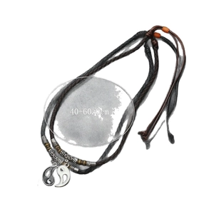 Vintage braided leather cord necklace with Tai Chi Yin Yang pendant and metal beads