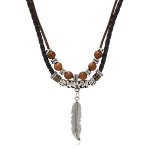 Men's Vintage Multi-layer Leather Feather Pendant Necklace Handmade Braided Rope Wood Beads Ethnic Punk Sweater Chain Gift