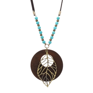 Collana Lunga con Pendente Vintage Boemia Foglia Lega Cava Cerchio Legno Cordino Pelle Turchese Artificiale Gioielli