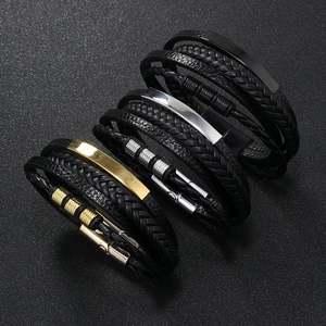 Men's multi-layer braided leather bracelets with gold and silver magnetic clasps