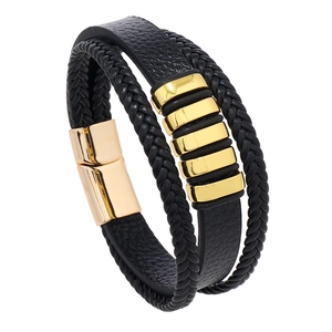 Pulsera multicapa de cuero negro para hombre con trenzas y cierre magnético dorado