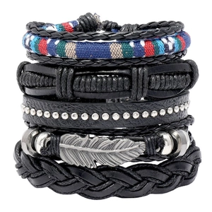 Bracciale in Pelle Intrecciata a Mano Bohemien Uomo Hip Hop Retro Piuma Perline Lega Vacchetta Regolabile Gioielli