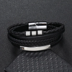 Men's multilayer braided leather bracelet with silver magnetic clasp and metal beads