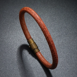 Red-brown leather cord bracelet with vintage brass magnetic buckle for men and women