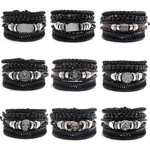 Men's Vintage Multilayer Leather Bracelet Hand Woven Cowhide Punk Skull Anchor Pentagram Adjustable Wrap Bracelet Jewelry