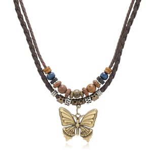 Vintage Herren Schmetterling Anhänger Halskette Handgefertigte Holzperlen Geflochtene Lederkordel Verstellbare Lange Pulloverkette Schmuck