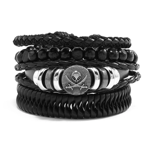 Men's multilayer leather braided bracelet with black wood beads and pirate skull charm