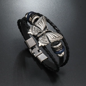 Retro multi-layer black braided leather butterfly bracelet with silver buckle for men