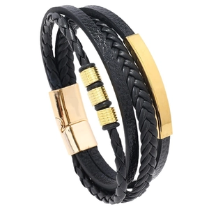 Men's multilayer braided leather bracelet with golden magnetic clasp on white background