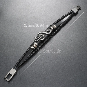 Men's multilayer braided leather bracelet with silver treble clef musical note charm