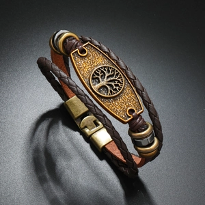 Men's multilayer braided leather bracelet with bronze Tree of Life charm and magnetic clasp