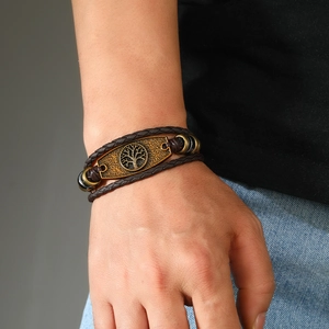 Handmade multi-layer braided leather bracelet with vintage bronze Tree of Life charm