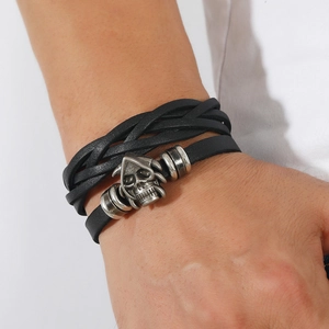 Vintage geflochtenes Lederarmband für Herren mit silbernem Totenkopf im Punk-Stil