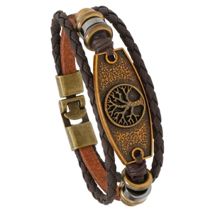 Vintage Men Multi-layer Braided PU Leather Bracelet Tree Of Life Alloy Metal Plate Beaded Retro Bohemian Men Jewelry Gift