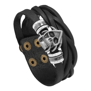 Vintage Punk-Lederarmband für Herren mit silbernem Totenkopf und Druckknopfverschluss