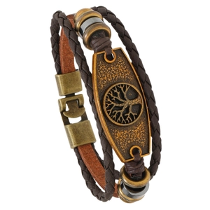 Mens multi-layer woven leather bracelet featuring a vintage bronze Tree of Life charm