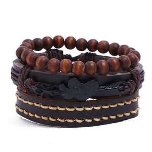 Vintage Leather Bracelet Set Men Women Handmade Braided Wood Beads Heart Arrow Charm Bohemian Punk Style Adjustable Jewelry