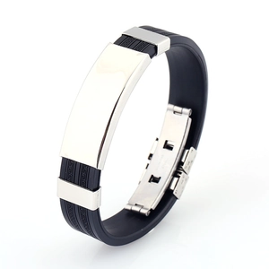 Men's black silicone bracelet with silver stainless steel plate and Greek key pattern