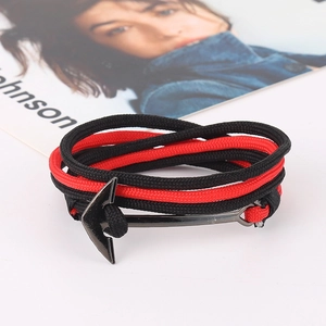 Fashion nautical anchor bracelet with red and black braided rope and gunmetal metal clasp