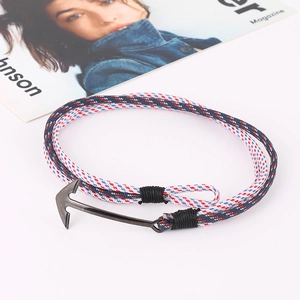 Fashionable nautical rope bracelet with black anchor clasp in red, white and blue colors