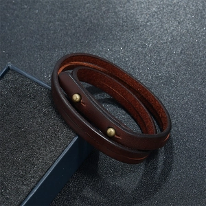 Vintage dark brown double-wrap leather bracelet for men with retro copper rivets
