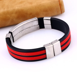 Close-up of men's black and red silicone bracelet with stainless steel magnetic buckle