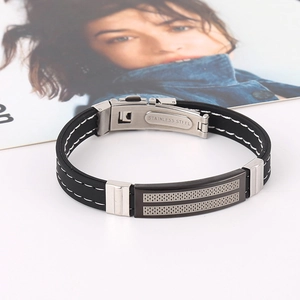 Men's fashion silicone bracelet with stainless steel plate and white decorative stitching